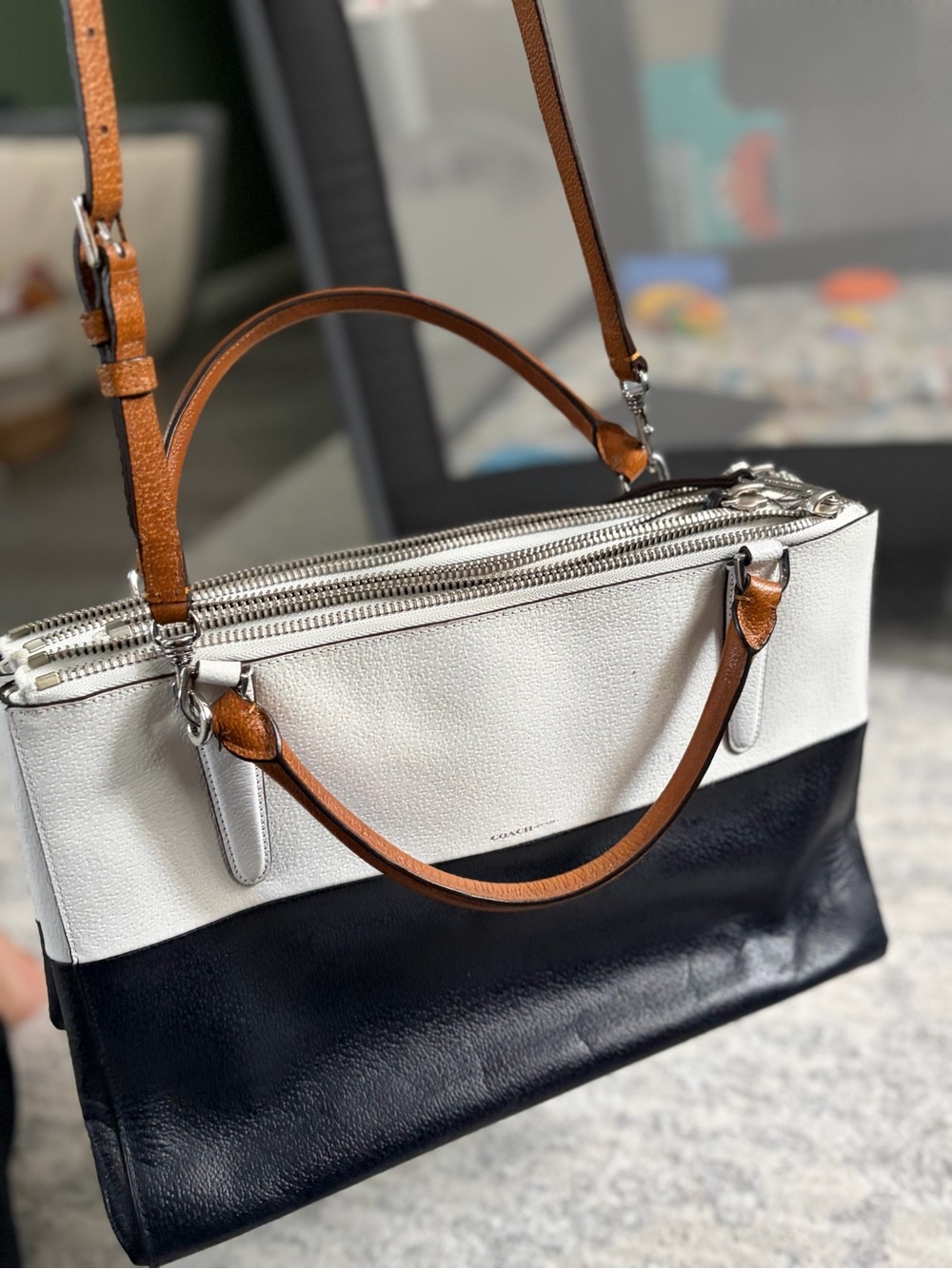 Coach Two-Tone White and Black Leather Satchel with Tan Straps